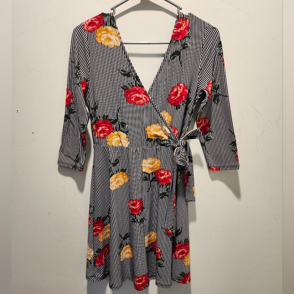 Eccentric Stripe Roses Mini Dress Size Medium No Boundaries Quarter Sleeve - Picture 5 of 7